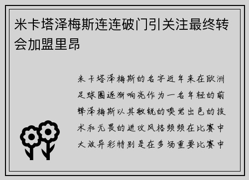 米卡塔泽梅斯连连破门引关注最终转会加盟里昂 米卡塔泽梅斯连连破门引关注最终转会加盟里昂